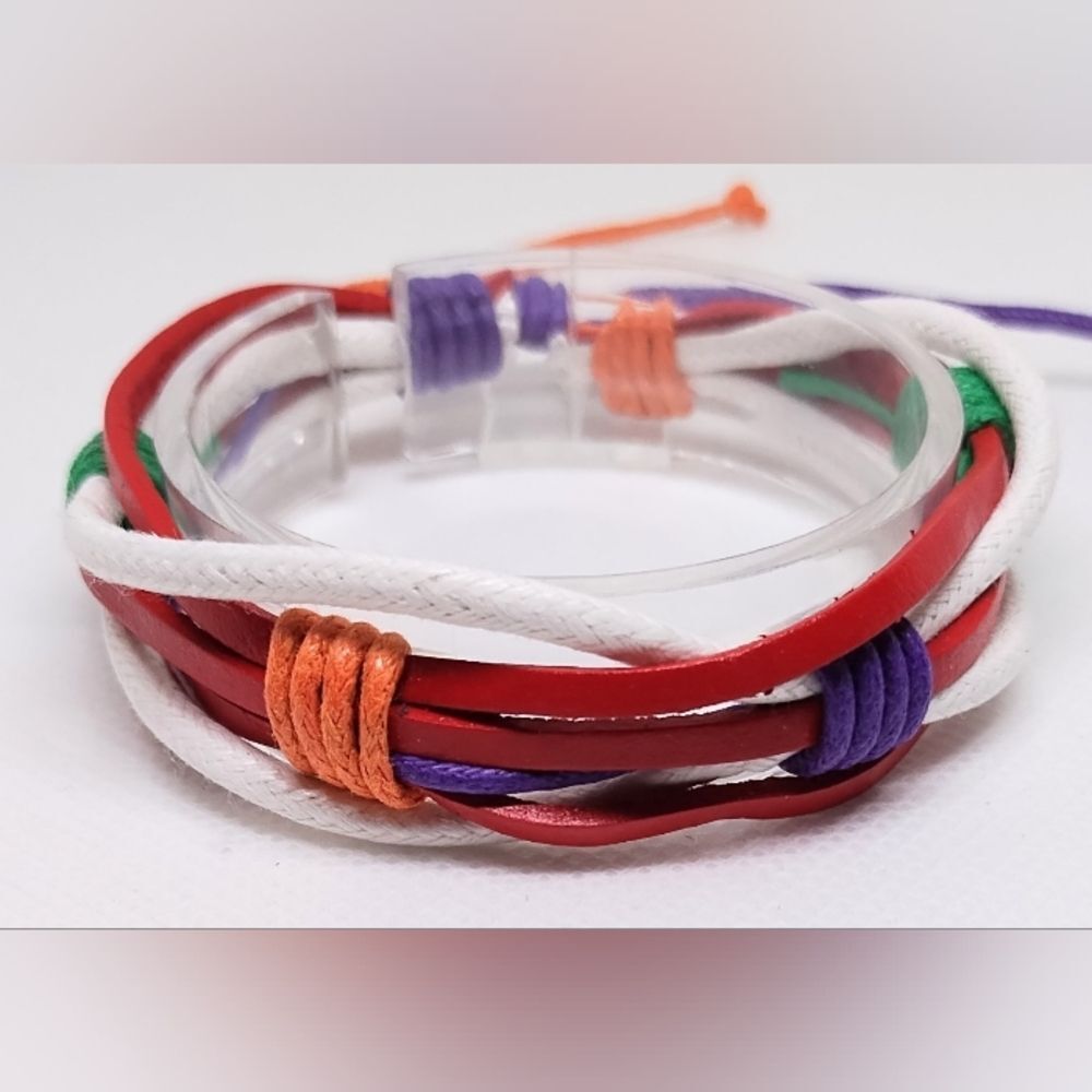 Men's leather bracelet layered Red White‎ New e96